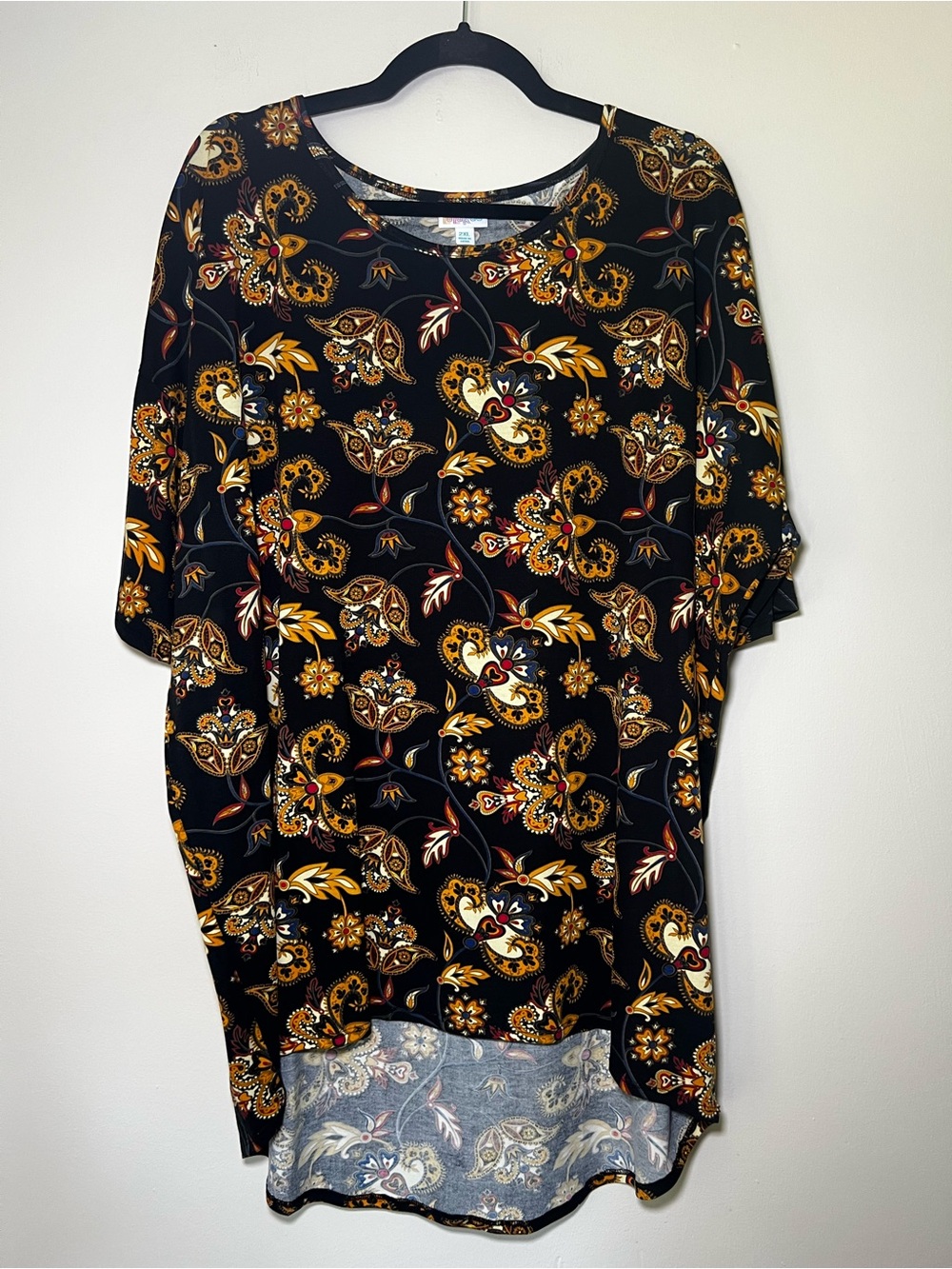 LuLaRoe Irma Black Tunic with Gold and Rust Paisley
